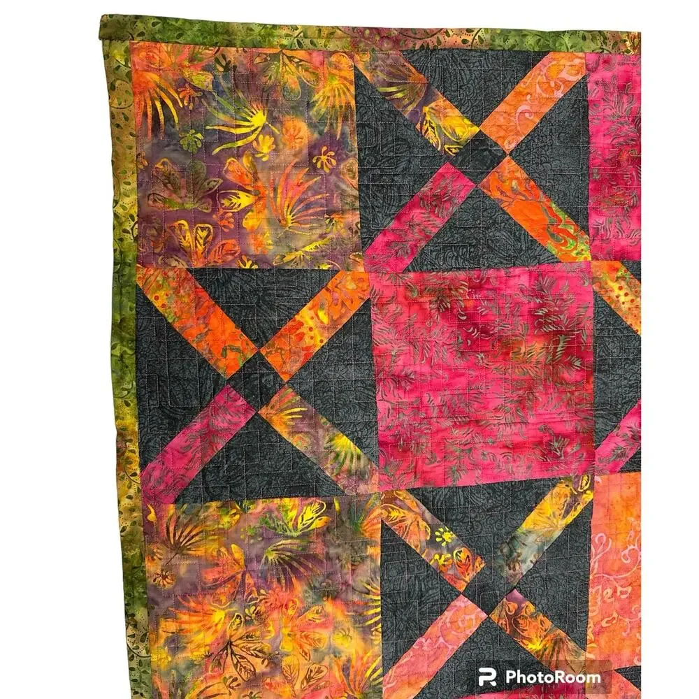 Handmade Fall Quilt Throw – Reversible Orange Pink Black Lap Blanket 58x41